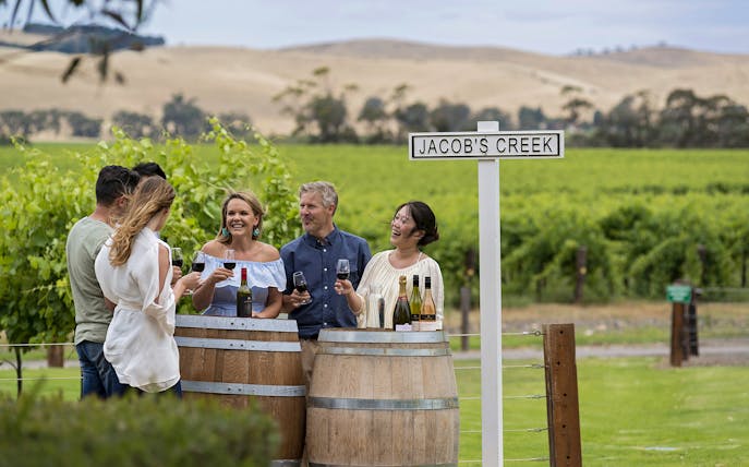 Group enjoying wine tasting at Jacob's Creek vineyard, Barossa Valley.