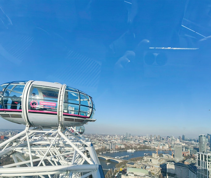 London Eye capsule with city skyline view, River Thames visible below.