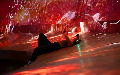 Visitor experiencing virtual reality at the Viking exhibition, National Museum of Denmark.