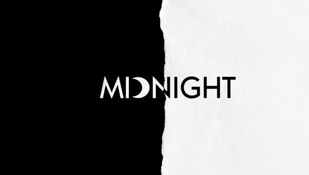 Midnight text with moon graphic on black and white background