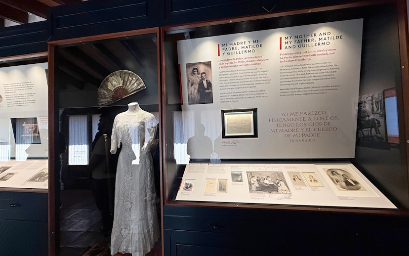 Exhibit at Frida Kahlo Museum featuring family history and a traditional dress.