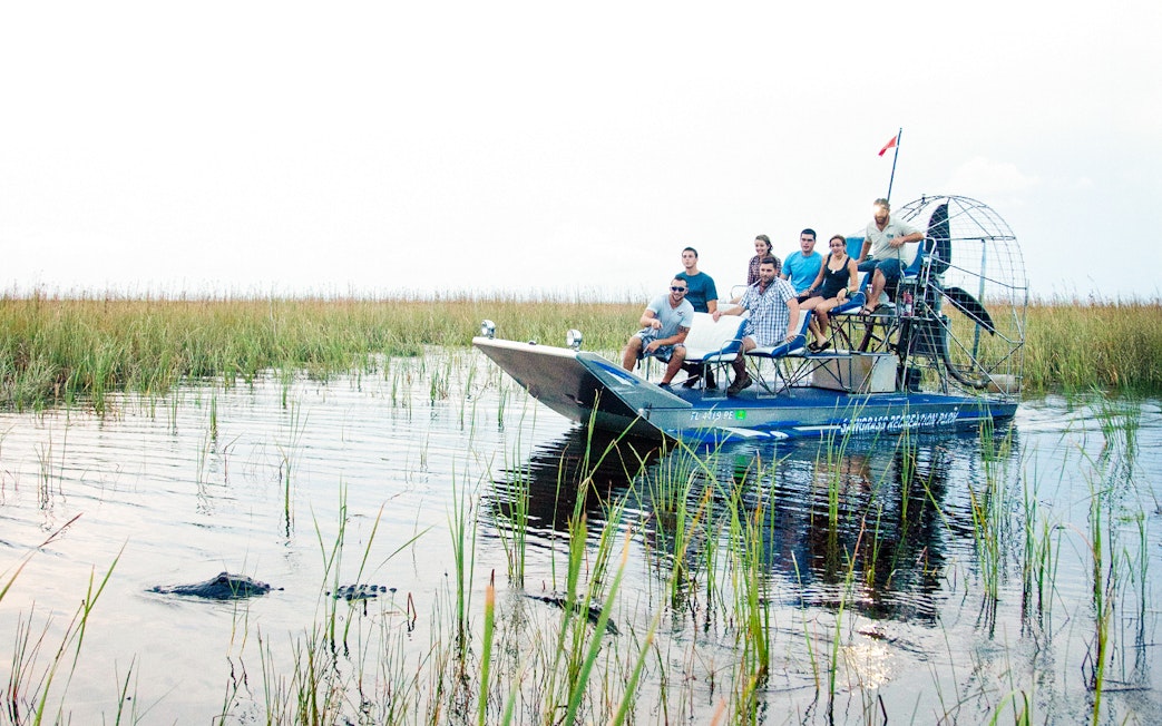 Airboat with tourists exploring Everglades wetlands during a night tour.