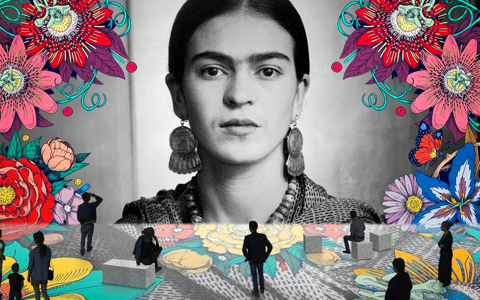 Frida Kahlo exhibit with colorful floral designs at ArtScience Museum.