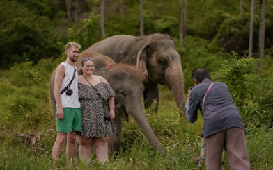 Visitors posing with elephants at a sanctuary in Samui.