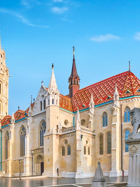 Matthias Church and Holy Trinity Statue in Budapest's Castle District.