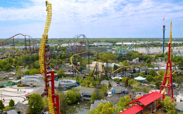 Six Flags Great America, THE FLASH™ Vertical Velocity roller coaster with riders ascending.