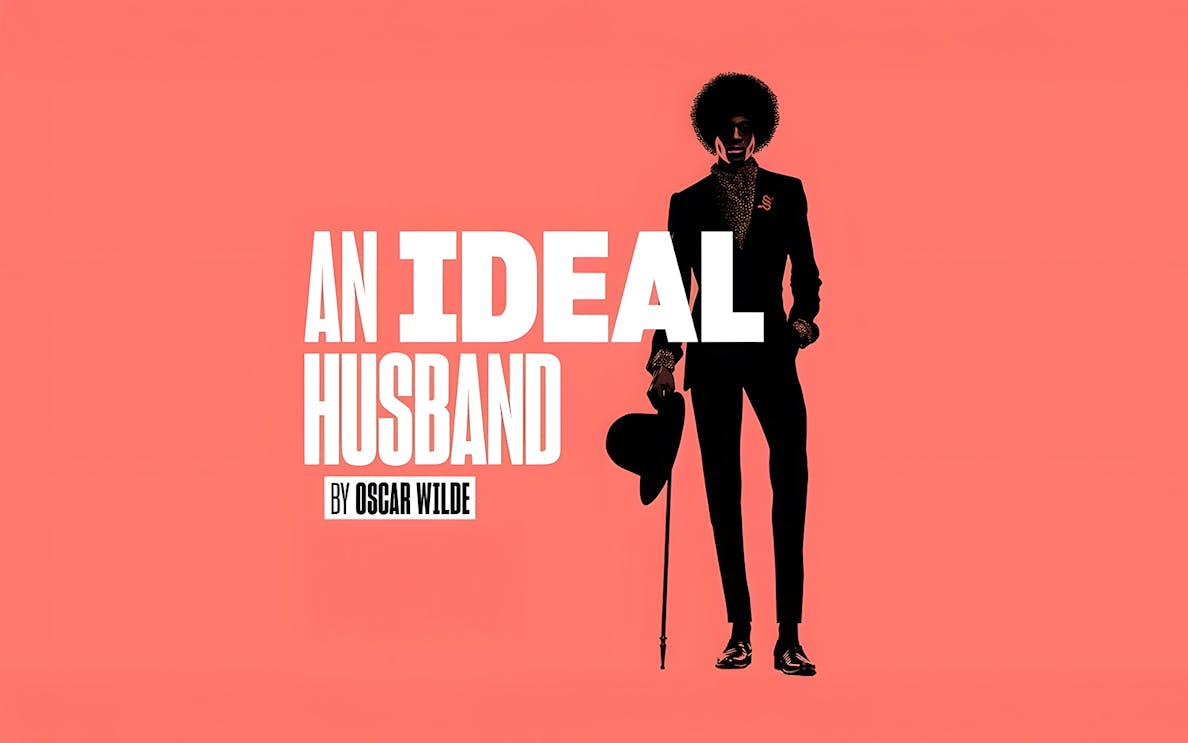 An Ideal Husband poster with silhouette of a man holding a hat and cane, by Oscar Wilde.