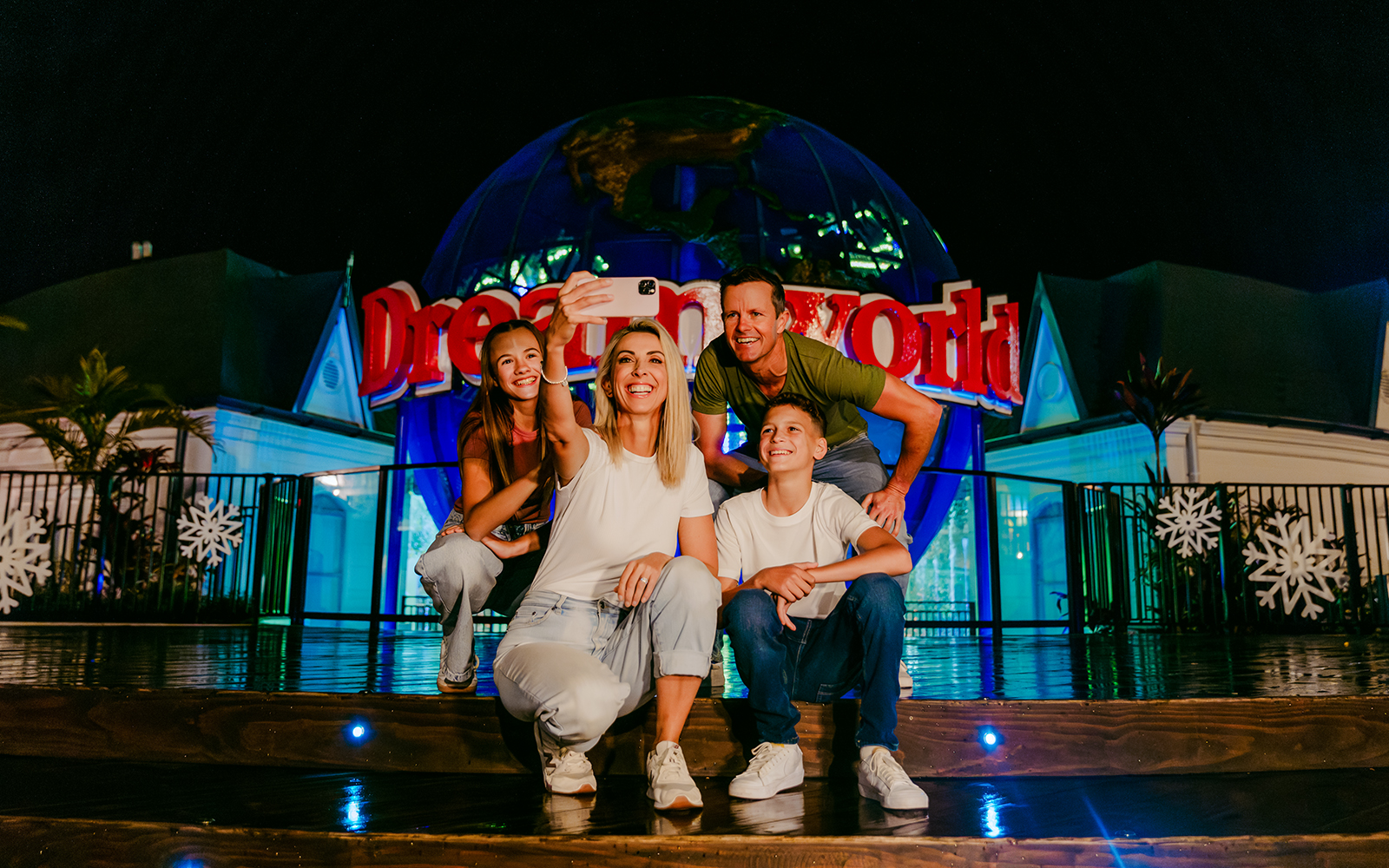 Dreamworld Gold Coast After Dark event with passholders enjoying illuminated rides and attractions.