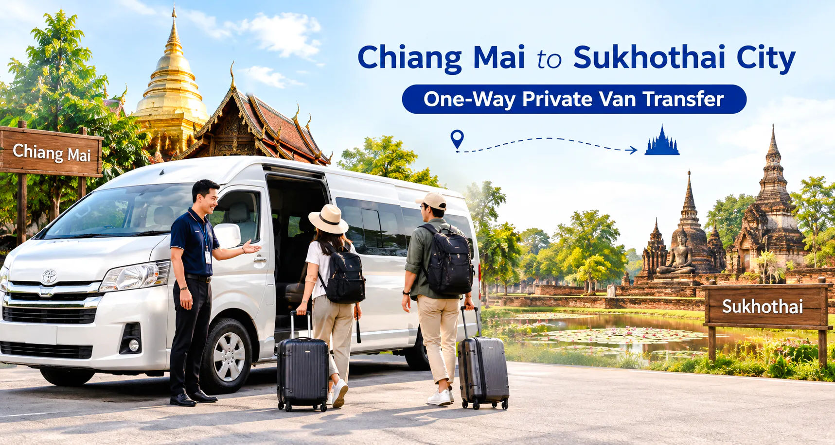Private van transfer from Chiang Mai to Sukhothai City with travelers and guide.