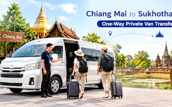 Private van transfer from Chiang Mai to Sukhothai City with travelers and guide.