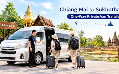 Private van transfer from Chiang Mai to Sukhothai City with travelers and guide.