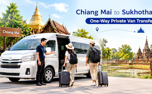 Private van transfer from Chiang Mai to Sukhothai City with travelers and guide.
