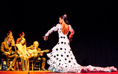 Flamenco dancer performing on stage with musicians during Pasión espectáculo flamenco.