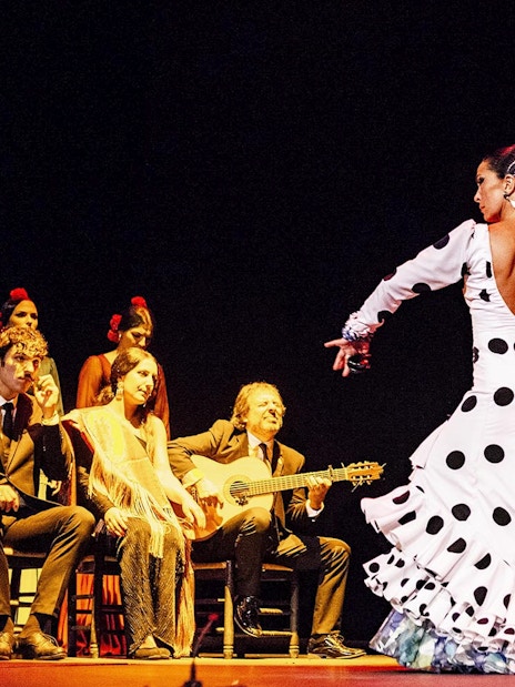 Flamenco dancer performing on stage with musicians during Pasión espectáculo flamenco.