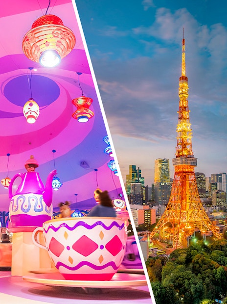 Teacup ride at Disneyworld with colorful lanterns overhead.