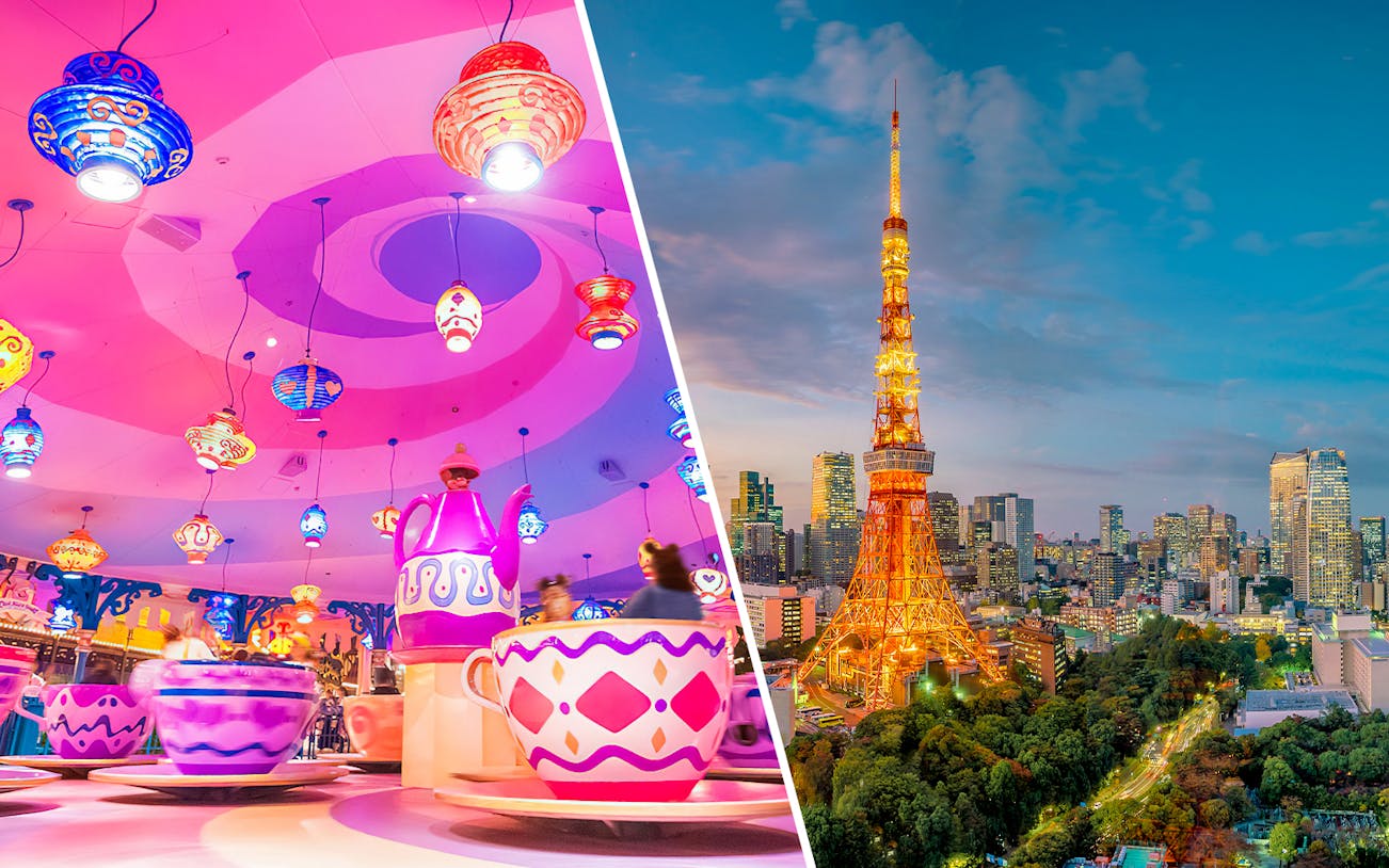 Teacup ride at Disneyworld with colorful lanterns overhead.