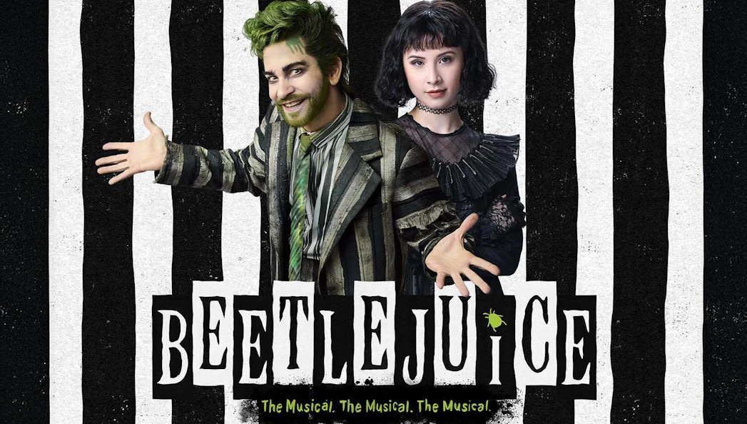 Characters from Beetlejuice Musical in striped costumes with logo.