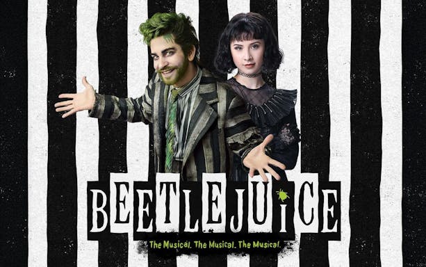 Characters from Beetlejuice Musical in striped costumes with logo.