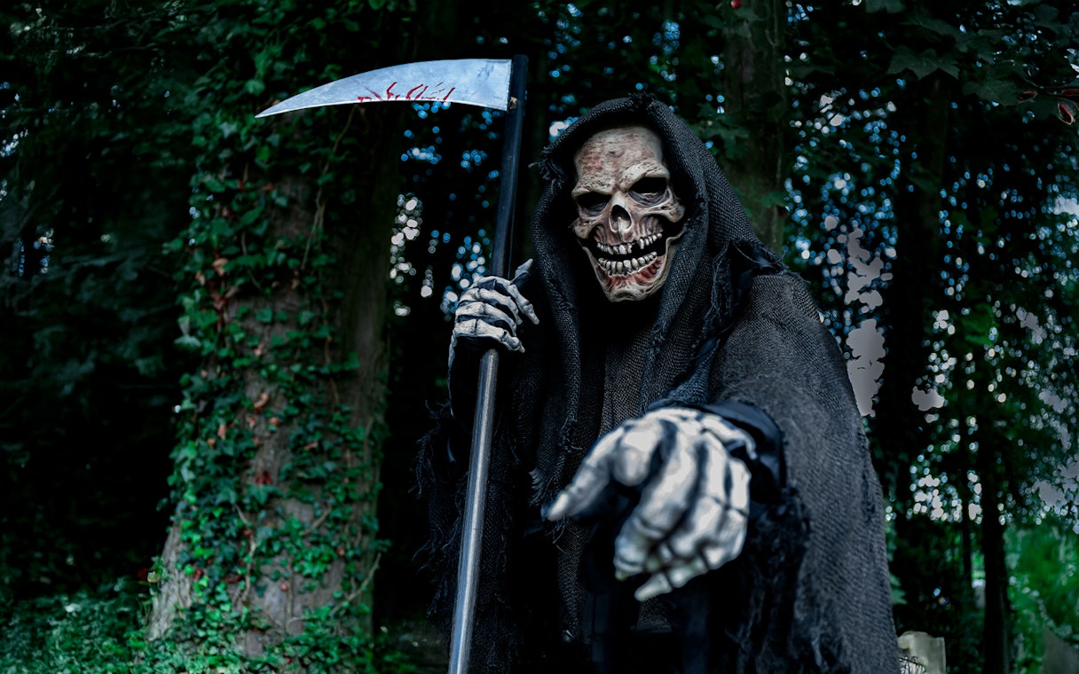 Grim Reaper holding a scythe in a forest setting.