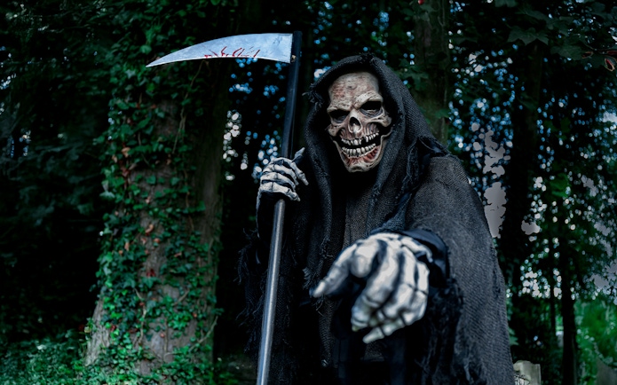 Grim Reaper holding a scythe in a forest setting.