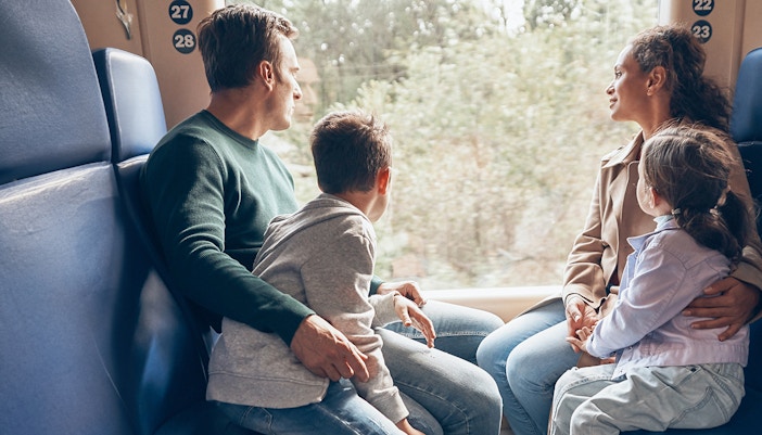 family seating and enjoying views from train