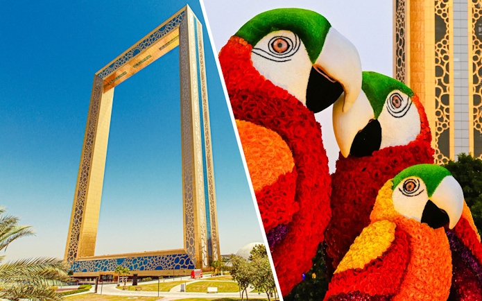 Dubai Frame with colorful parrot sculptures in the foreground.