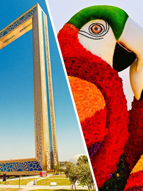 Dubai Frame with colorful parrot sculptures in the foreground.