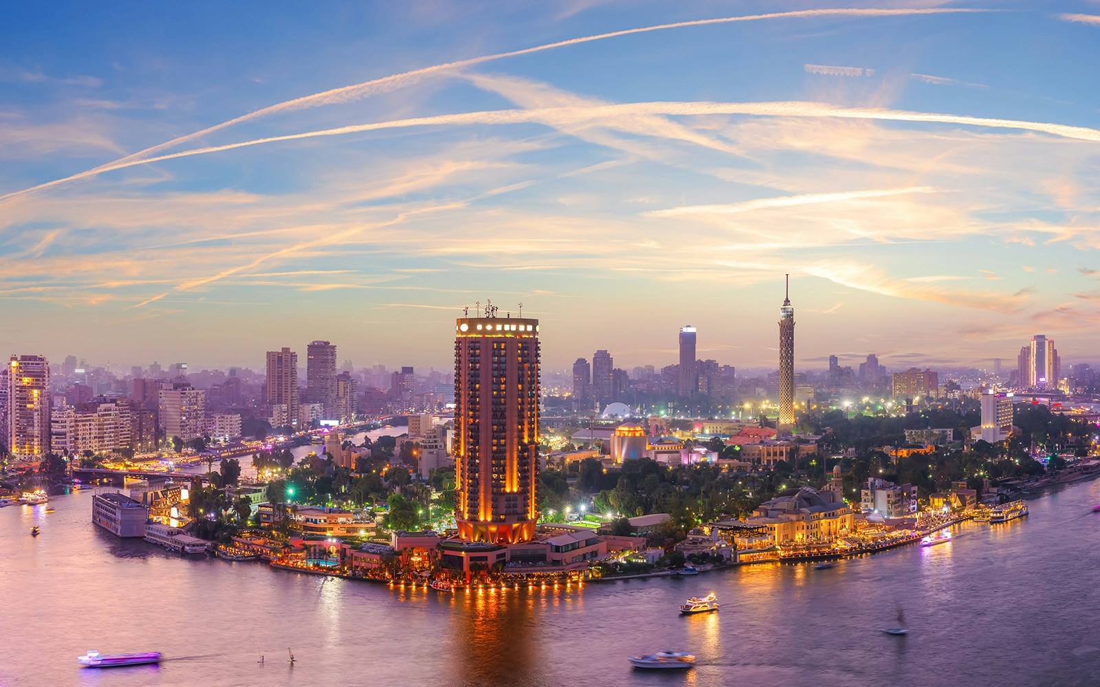 Panoramic view of the Nile and Gezira Island at sunset in Cairo, Egypt.