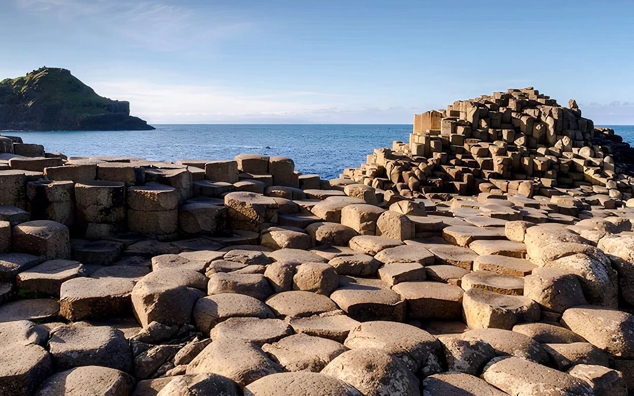 Giant's Causeway basalt columns by the sea in Northern Ireland.