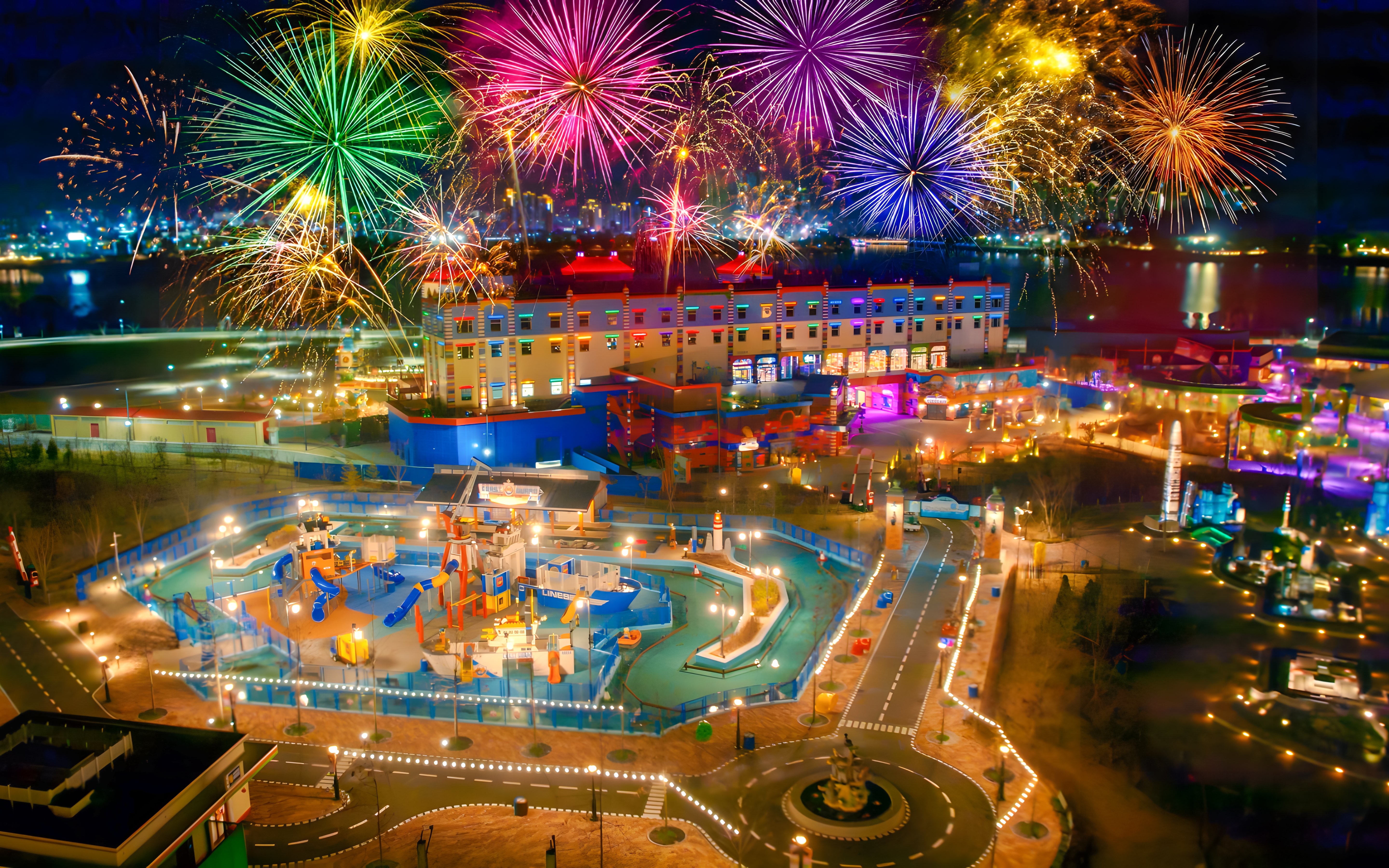 Fireworks display over Legoland theme park at night, showcasing colorful attractions and vibrant lights.
