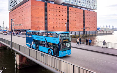 Hop-on hop-off bus near Elbphilharmonie in Hamburg.