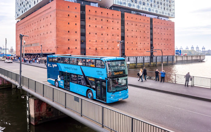 Hop-on hop-off bus near Elbphilharmonie in Hamburg.