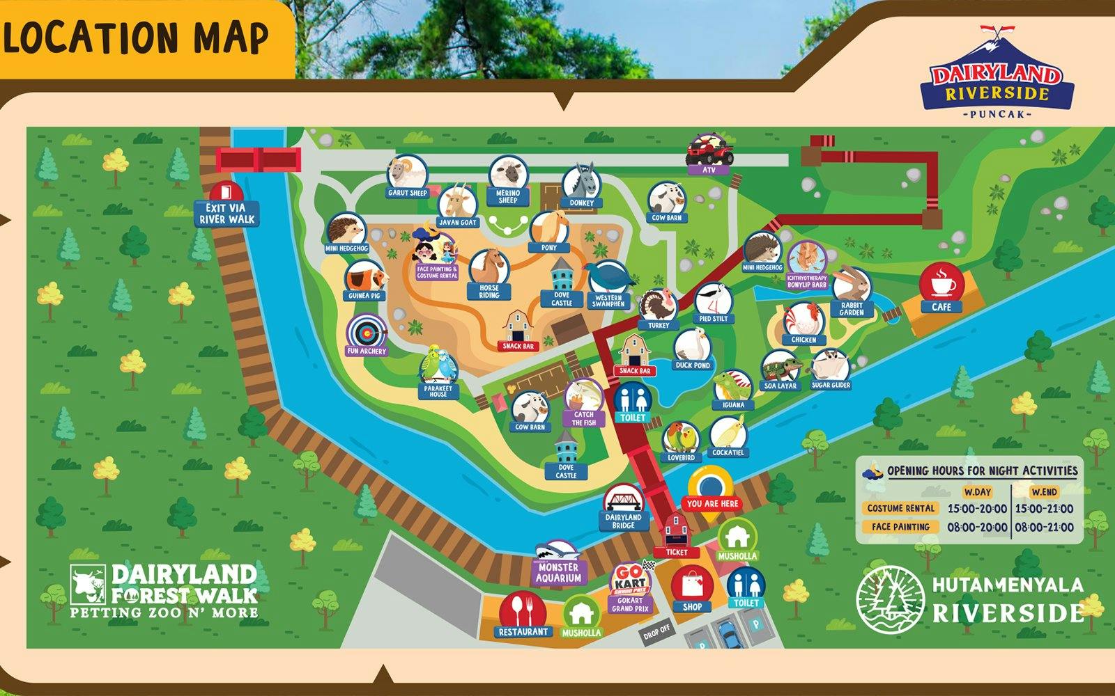 Map of Dairyland Riverside Puncak showing attractions like petting zoo, archery, and go-kart track.