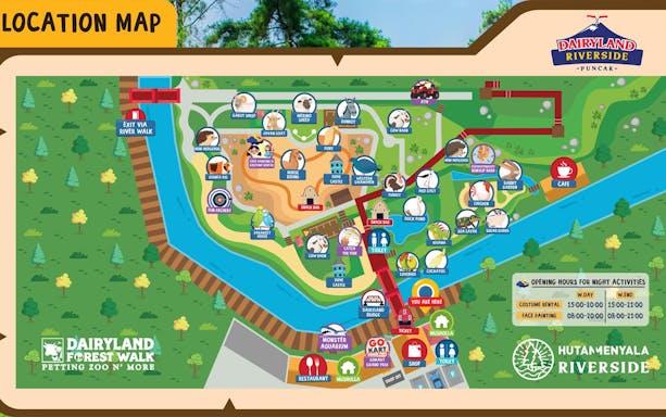 Map of Dairyland Riverside Puncak showing attractions like petting zoo, archery, and go-kart track.