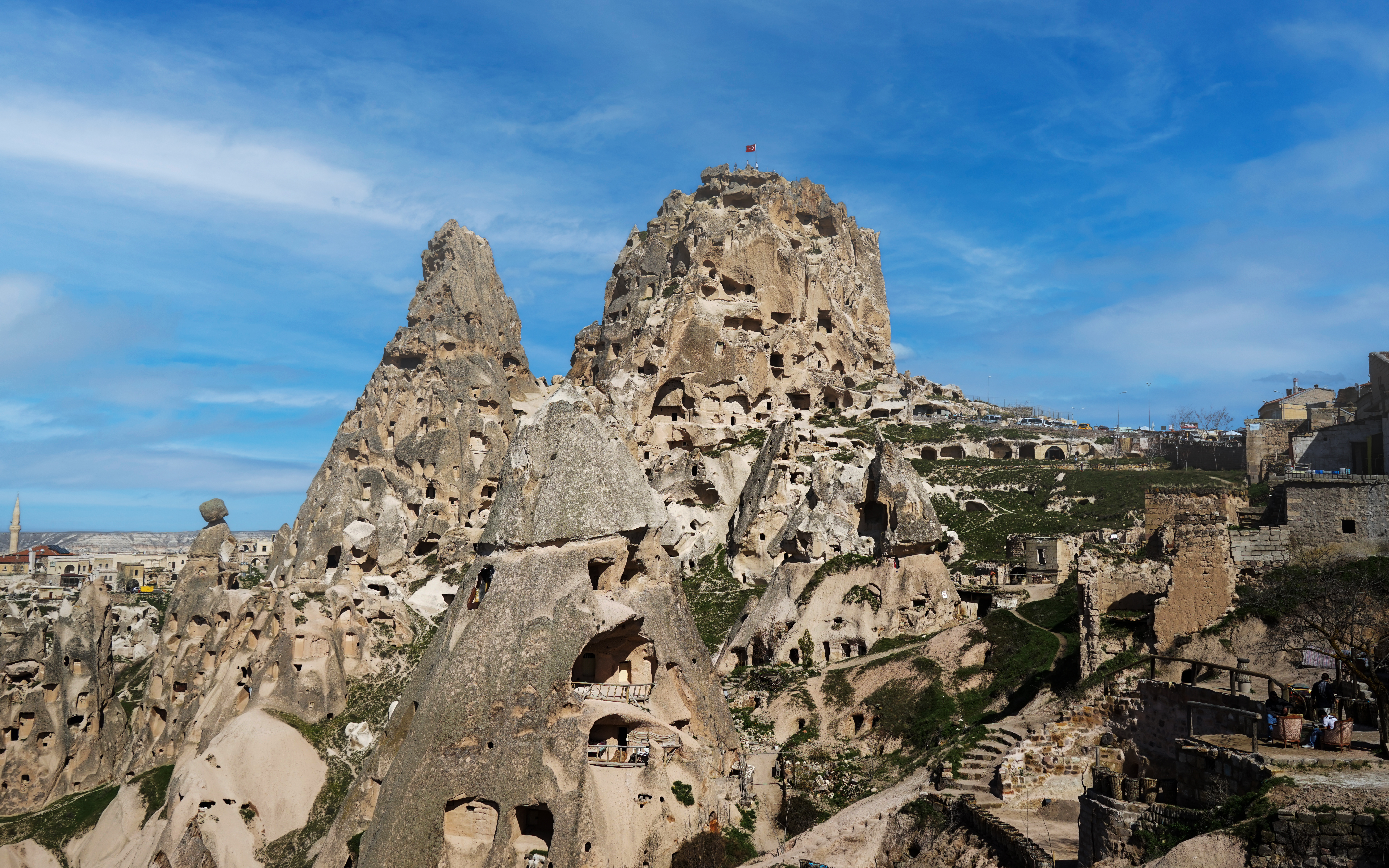 Rock formations and cave dwellings near Kaymakli Underground City, Cappadocia, Turkey.