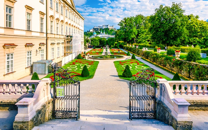 Mirabell Gardens with view of Hohensalzburg Fortress, Salzburg, Austria.