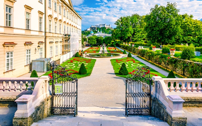 Mirabell Gardens with view of Hohensalzburg Fortress, Salzburg, Austria.