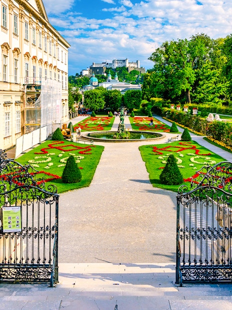 Mirabell Gardens with view of Hohensalzburg Fortress, Salzburg, Austria.
