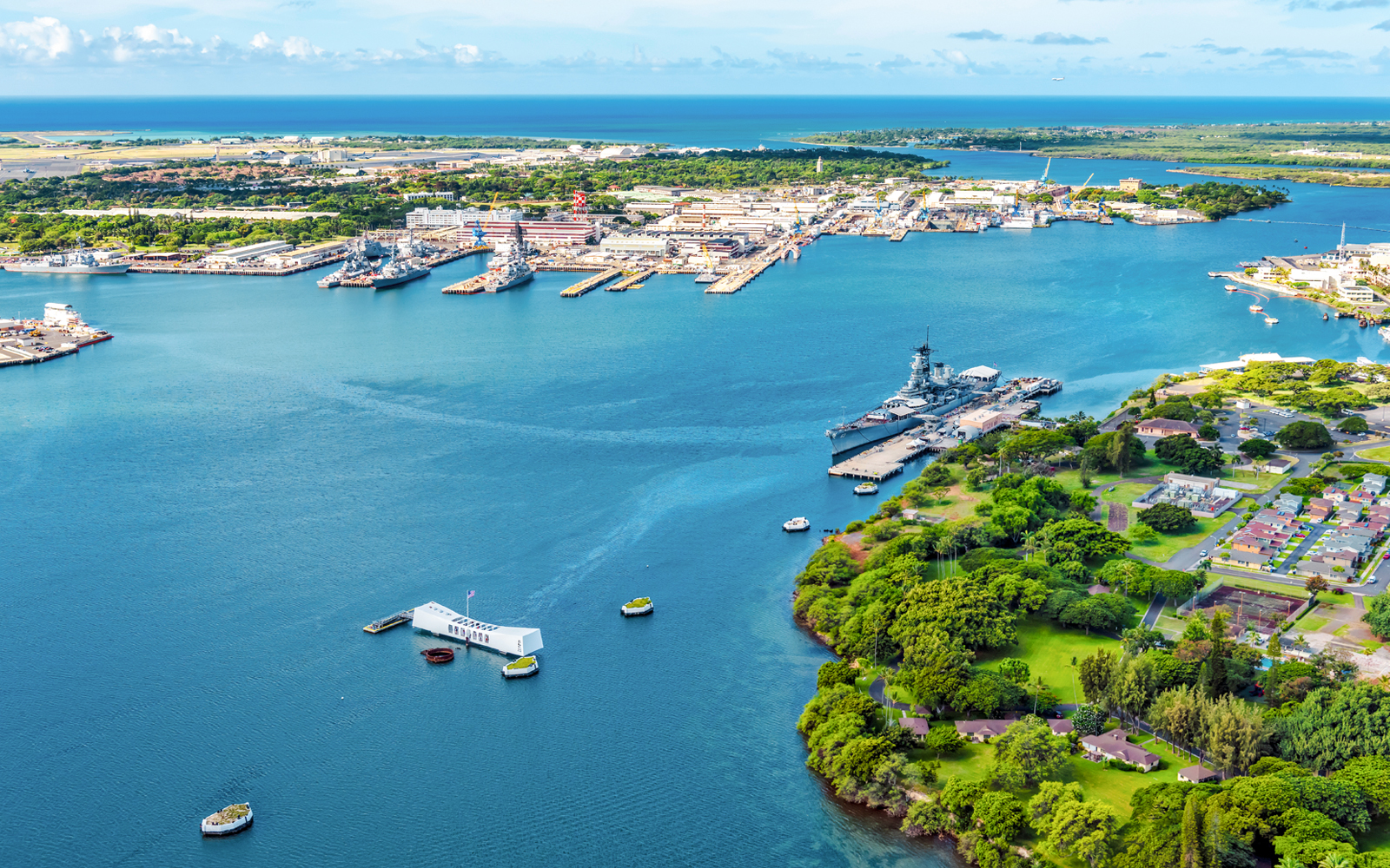Aerial view of USS Arizona and USS Missouri Memorials at Pearl Harbor, Hawaii.