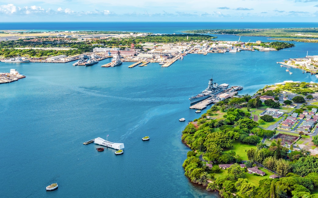 Aerial view of USS Arizona and USS Missouri Memorials at Pearl Harbor, Hawaii.