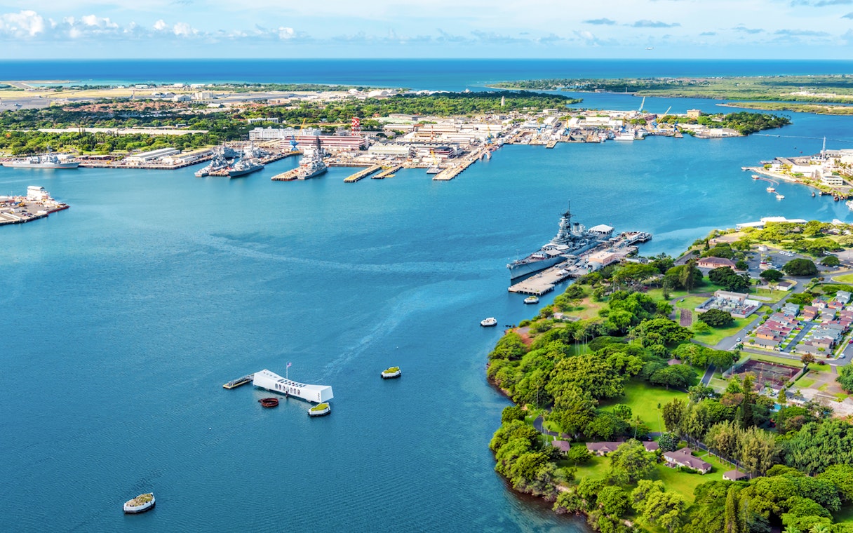 Aerial view of USS Arizona and USS Missouri Memorials at Pearl Harbor, Hawaii.