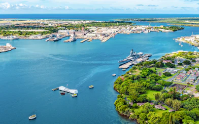 Aerial view of USS Arizona and USS Missouri Memorials at Pearl Harbor, Hawaii.