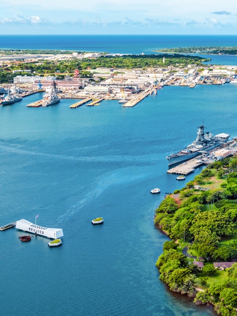 Aerial view of USS Arizona and USS Missouri Memorials at Pearl Harbor, Hawaii.