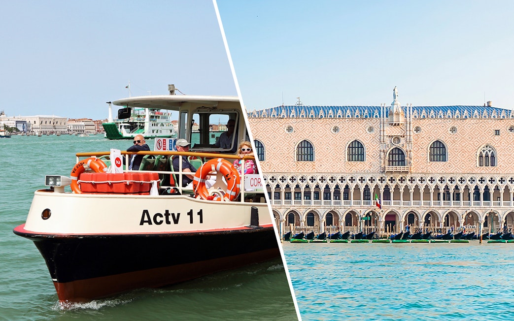 ACTV water bus on Venice canal and Doge's Palace facade.