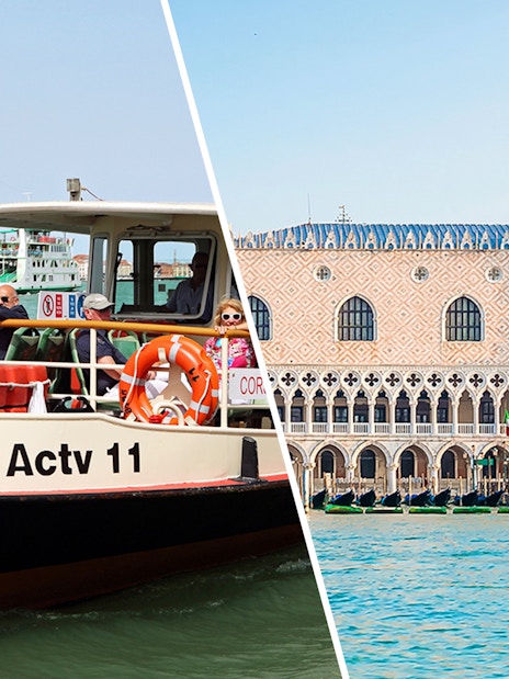 ACTV water bus on Venice canal and Doge's Palace facade.