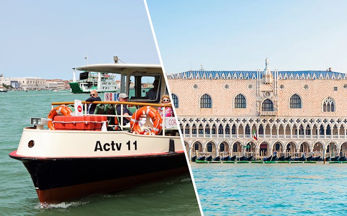 ACTV water bus on Venice canal and Doge's Palace facade.