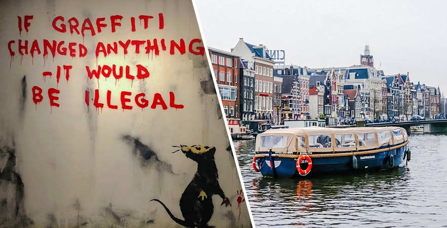 Banksy graffiti at Amsterdam museum and canal cruise boat on Amsterdam canal.