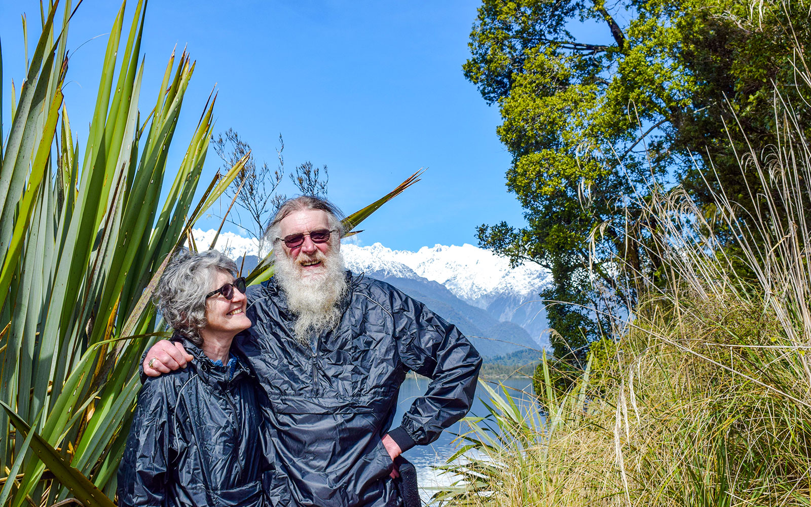 Tourists enjoying a rainforest walk at Franz Josef with snowy mountains in the background.
