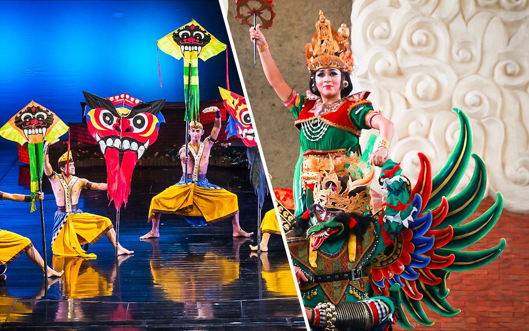 Balinese dancers performing traditional Barong and kite dance in vibrant costumes.