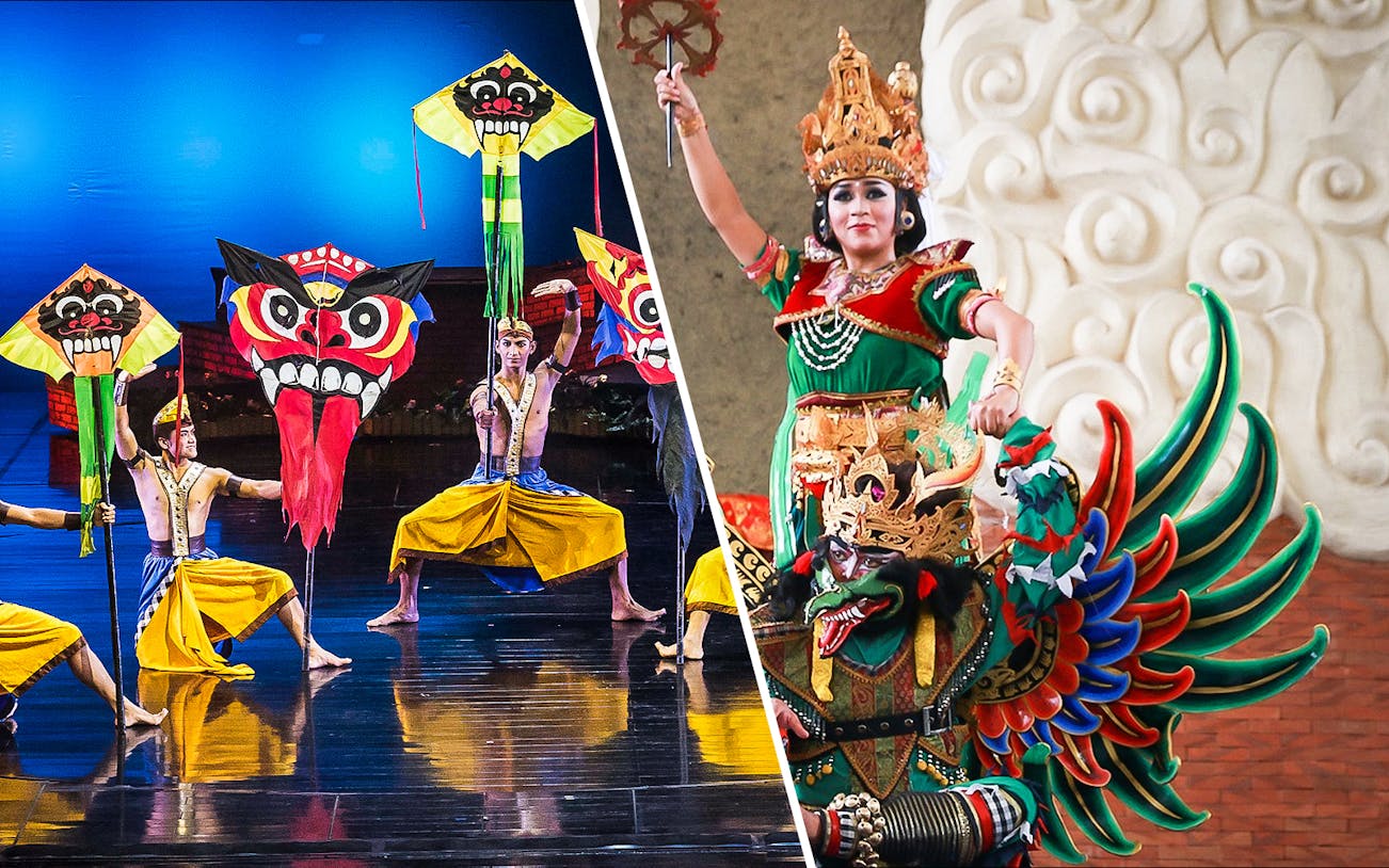 Balinese dancers performing traditional Barong and kite dance in vibrant costumes.